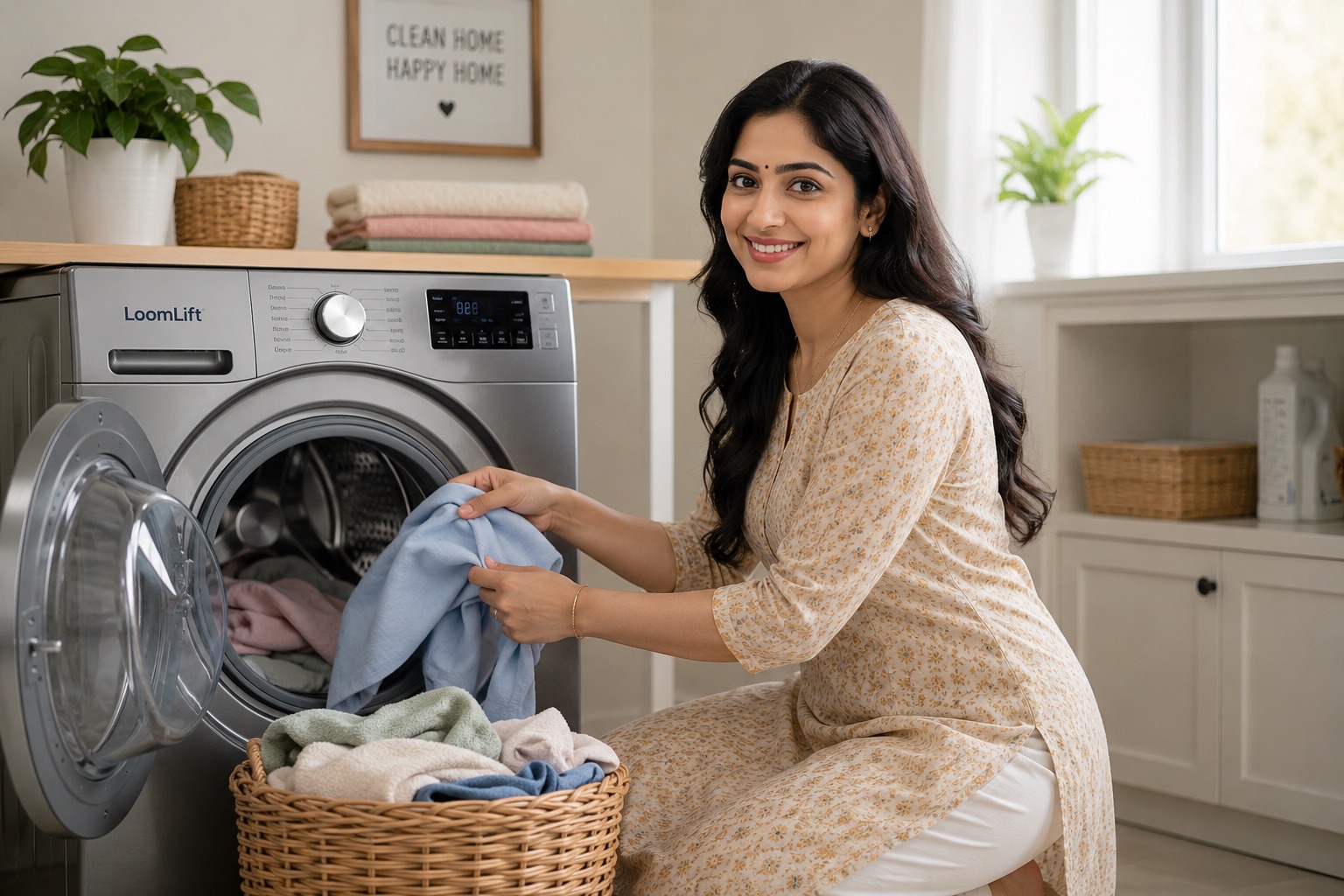 Smiling woman loading laundry into a LoomLift washing machine in a bright, clean home — premium laundry & dry-clean care in Dhanbad